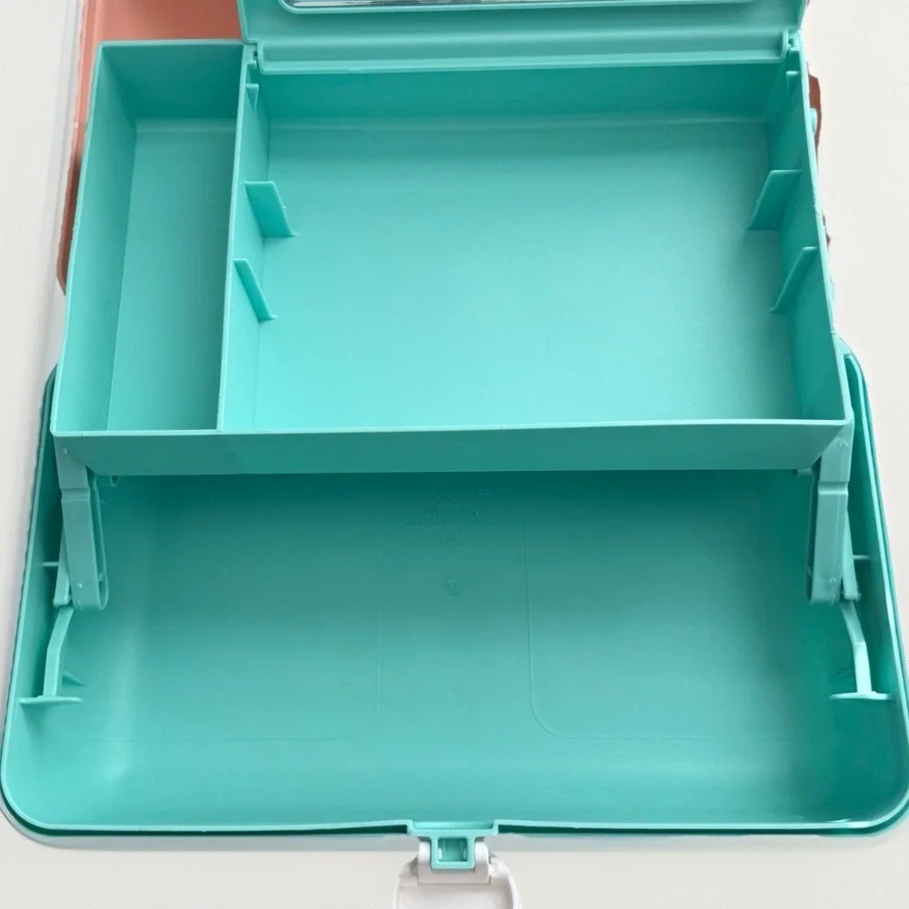 Vtg Caboodles 3 Tier Makeup Travel Case w/Vanity Mirror Peach & Mint Green USA
